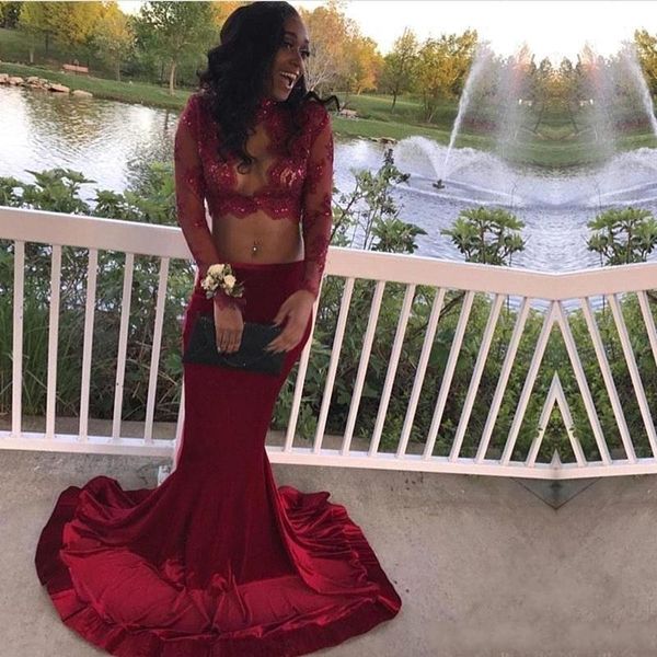 

2019 Burgundy Mermaid Prom Dresses Long Sleeves Sexy African Illusion Appliques Sequins Arabic Evening Gowns Keyhole Neck Formal Dresses
