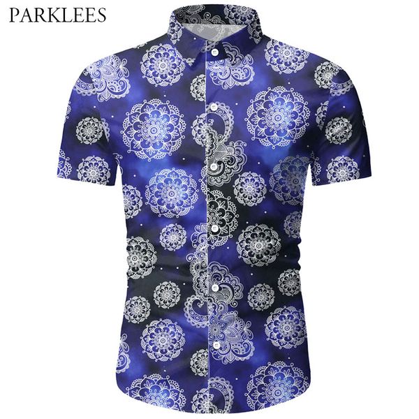 

hipster floral print men shirt bright starry sky mens short sleeve shirts casual button shirt for men social streetwear, White;black