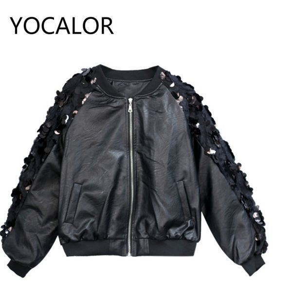 

autumn clothing woman paillette long sleeve jacket female short loose coat tide camperas chaqueta cuero mujer leather jackets, Black