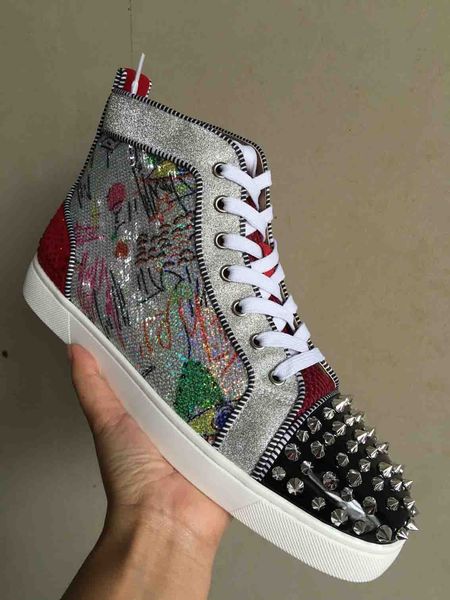 

2019 high red bottom spikes sneakers men casual shoes luxury print silver sequin sliver pik no limit rare studs and rhinestones graffiti, Black