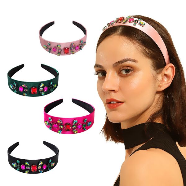 

women baroque rhinestone hairband crown statement handmade hair bands red crystal velvet wide hoop headband wedding hair jewelry, Golden;white