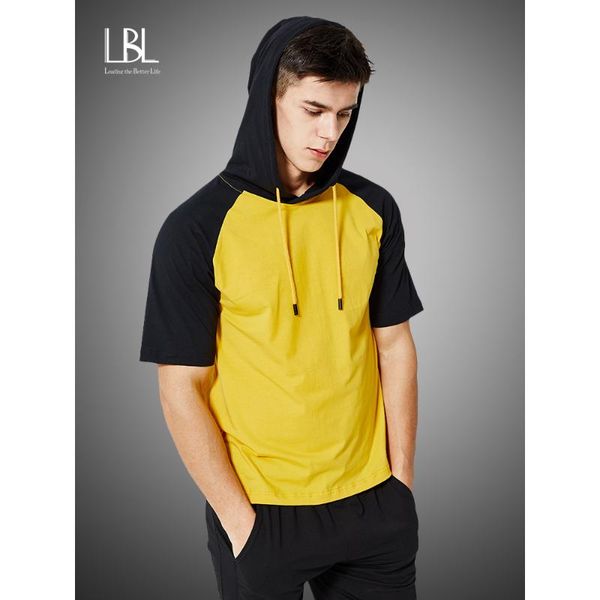 

summer patchwork hoodies men 2020 fashion short sleeve tees hooded sweatshirts hip hop tracksuit mens camisa masculina, Black