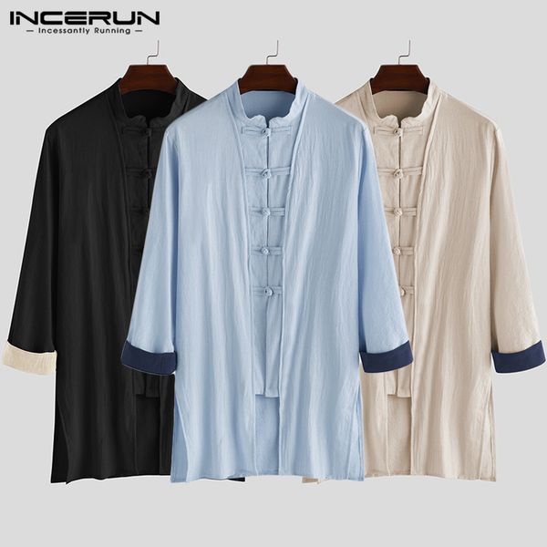 

incerun traditional casual men solid long sleeve retro shirt kimono jackets joker buckle cotton mens long blouse streetwear 2019, White;black