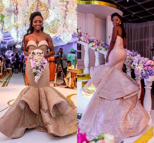 

2020 sparkly rose gold sequined prom dress luxury sweetheart mermiad evening gown vintage african formal party plus size dresses, Black