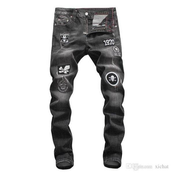 

men's more labeling hole luxury punk jeans designer men jeans famous brand slim fit mens printed jeans biker denim pants 08, Blue
