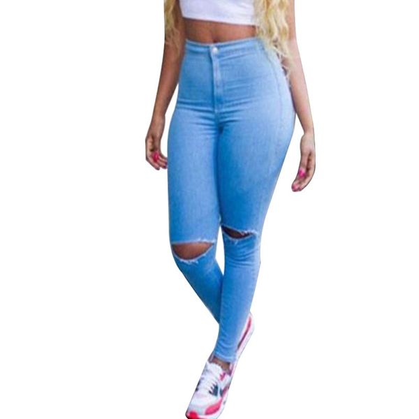 

2019 new extra plus size women jeans autumn spring high waist super elastic slim trousers hole pencil pants feet pants female, Blue