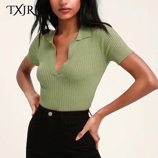 

txjrh short jumper tight sweater turn-down collar deep v-neck short sleeve knitted stylish women slim fit crop 5 color, White;black