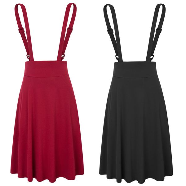 

black/dark red women's vintage solid color flared a-line suspender skirt pinafore skirt