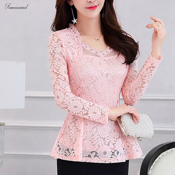 

плюс 2019 lace женской одежды весна рубашки топы вырез основных женское elegant с длинным рукавом кружева кружево рубашки  4xl 117f, White