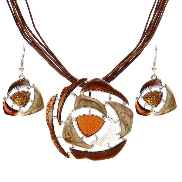 

fashion crystal jewelry sets leather rope chain pendant necklace drop earrings wedding bridal jewelry sets women boho gift