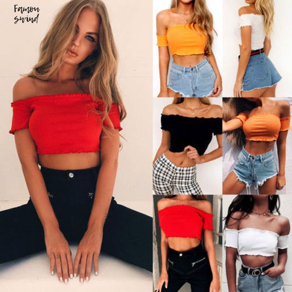 

lace solid ruffle tank frill off shoulder ribbed short sleeve women vest current crop top, White