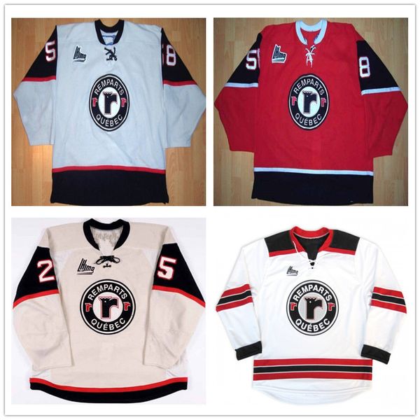 

custom qmjhl quebec remparts 58 maxime lincourt 25 mikhail grigorenko 18 marchessault hockey jerseys beige white red stitched customized, Black