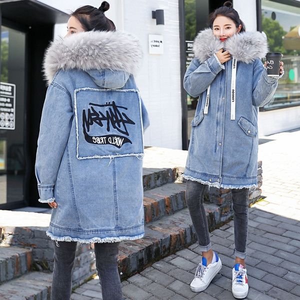 

new korean version embroidery in winter 2019 long jeans cotton-padded collar thicker denim women parkas jacket coat, Black