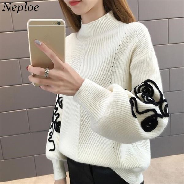 

neploe sweater women korean pull femme hiver jumper crochet puff sleeve pullover sueter mujer turtleneck knitted sweaters 36816, White;black