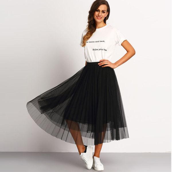 

mesh pleated elastic waist women skirt black mid calf tiered soft tulle tutu skirt personalized street style ladies maxi skirt