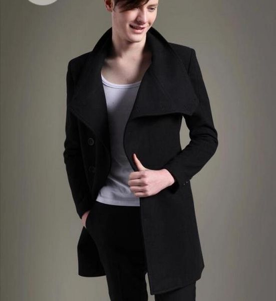 

2019 spring men's new fashion woolen cloth dust long coat, Black