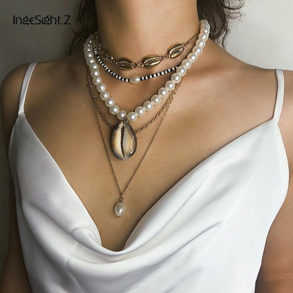 

ingesight.z vintage multi layered pearl choker necklace collar statement natural cowrie shell pendant necklace for women jewelry, Silver
