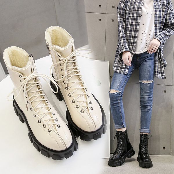 

british-style patent leather round-toe side zipper tube boots chunky heel students women's boots white, Black