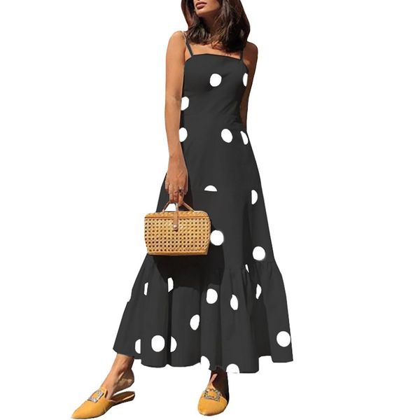 

fashion soft gifts polka dot spaghetti strap holiday women dress casual party long summer beach polyester, Black;gray