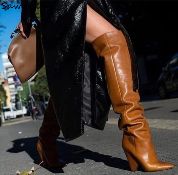 

real leather autumn winter shoes woman pointy toe strange heels knee high boots runway style zapatos de mujer, Black