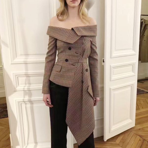 

women blazer off shoulder asymmetric plaid suit blazer women, White;black