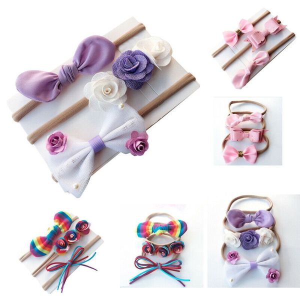 

focusnorm 3pcs/set toddler baby girl accessories headbands bowknot striped floral star headwear 3 styles, Slivery;white