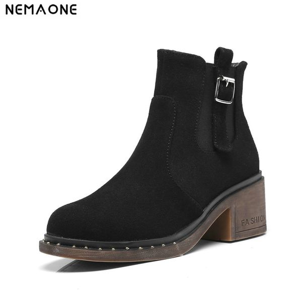 

nemaone punk style thick high heels women ankle boots classic western shoes woman 2019 new party casual shoes woman, Black