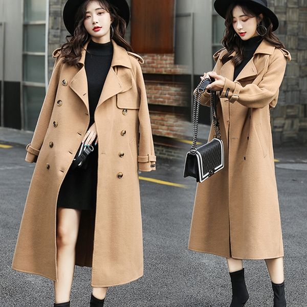 

wool windbreaker jackets temperament autumn winter solid color woolen coat 2019 new long wool coats for women overcoats v1077, Black