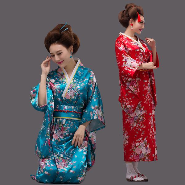 

japanese national style kimono yukata with obi novelty women dressing gown cosplay costume floral, Red