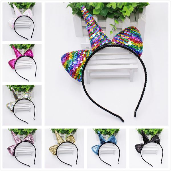 

cute can flip sequins glitter unicorn hairband cat ears kid party cartoon headband hair accessories for women, Slivery;white