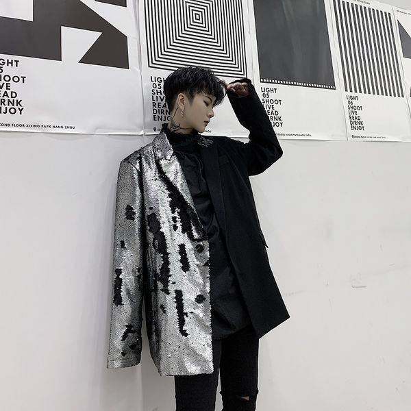 

nice autumn and winter original sequin stitching contrast color suit fashion casual jacket coat trend black m-xl, White;black