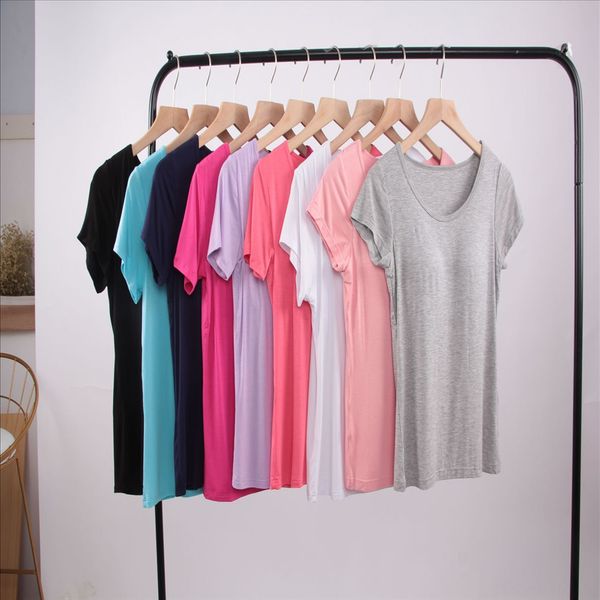 

modal bra -t with chest pad short sleeve wear bra without steel ring cup one round collar low shirt women's t-shirt, White