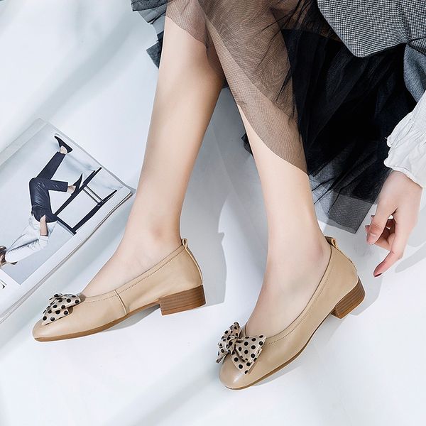 

shallow mouth single shoes casual shoes korean-style round-toe casual leather low heel bow square head soft surface adult, Black