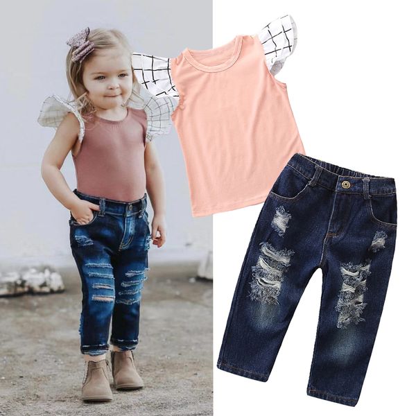 

puseky 2019 summer kids baby girls set clothes fly sleeve shirts fashion holes denim pant outfit set 2pcs 3-7y, White