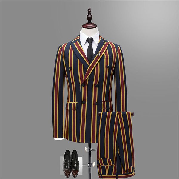 

men's striped double-breasted suit men korean costume homme 3 pieces groomsman casual suit, White;black