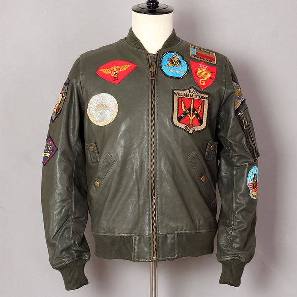 

2019 g1 flight jacket sheepskin genuine leather jacket men motorcycle biker coat bomber green baseball uniform, Black