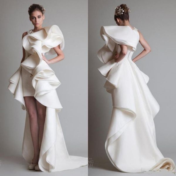 

Cu tom made krikor jabotian high low evening dre e ruffle kirt zipper back court train 2019 women prom gown robe de oiree