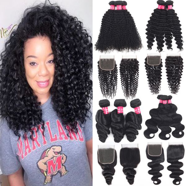 

human hair wefts with lace closure 9a brazilian virgin hair bundles with closure loose wave hair extensions bundles with 4x4 closure, Black;brown