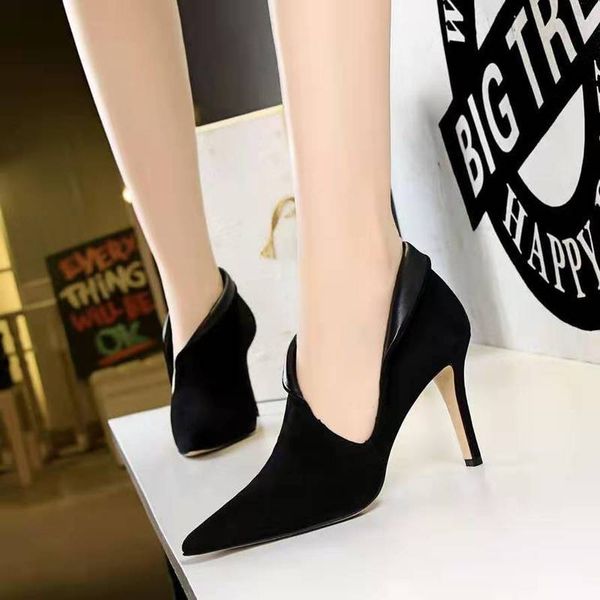 

bigtree 2020 spring fashion high heel nightclub women pumps party hollow out female shoes flock pointed toe mujer thin heel, Black
