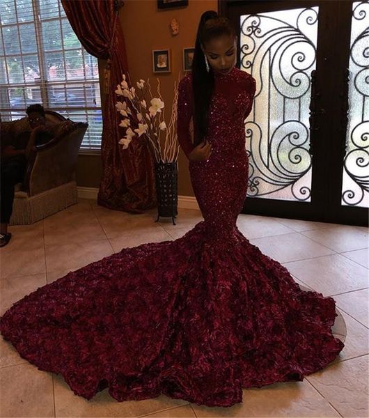 

2022 3d floral flowers burgundy mermaid prom dresses high neck long sleeves lace appliques crystal beaded evening wear party gowns, Black