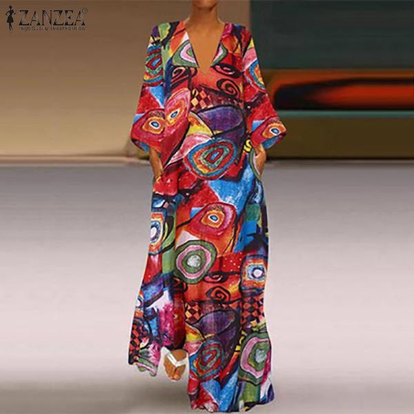 

women v neck sundress zanzea 2019 autumn maxi long dress vintage long sleeve vestido floral printed party loose tunic robe femme, Black;gray
