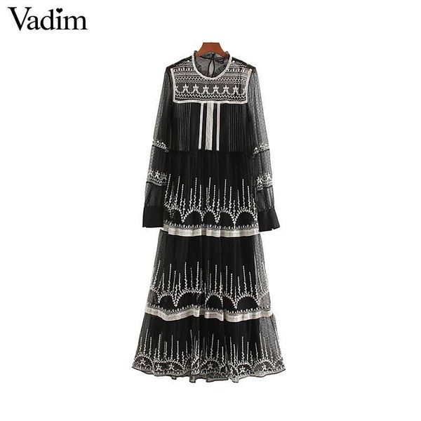 

vadim women chic embroidery mesh midi dress long sleeve o neck two piece set female stylish see through dresses vestidos qd004, Black;gray