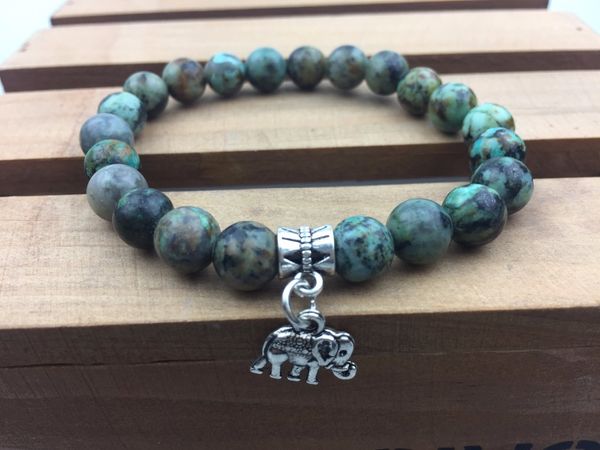 

8mm natural stone africanturquoise bracelet elephant pendant round bead bracelet yoga meditation bracelets elephant bracelets, Golden;silver