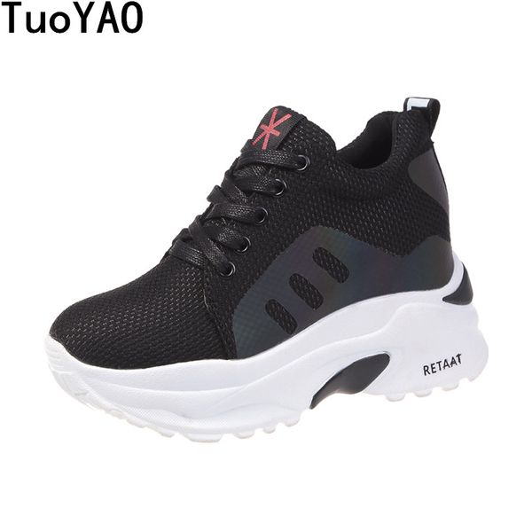 

женские кроссовки на платформе на открытом воздухе вулканизирующая обувь дышащая сетка на танкетке повседневная обувь 7.5 см высота каблука, Black