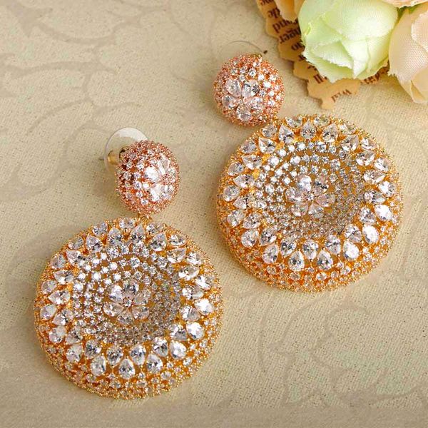 

fashion- luxury round flower stud earrings for women lady wedding decoration three tones color cubic zirconia brincos oorbellen, Golden;silver