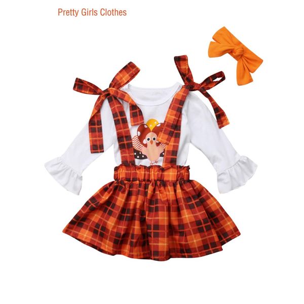 

kids toddler baby girls clothes set thanksgiving turkey clothes +suspender skirt +headband 3pcs outfit, White