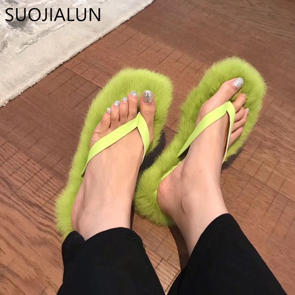 

suojialun 2019 new fashion women fur slippers autumn home plush sandal ladies slip on casual flat shoes woman furry flip flops, Black