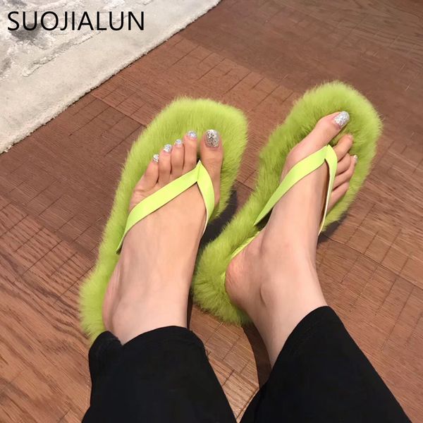 

suojialun 2019 new fashion women fur slippers autumn home plush sandal ladies slip on casual flat shoes woman furry flip flops, Black