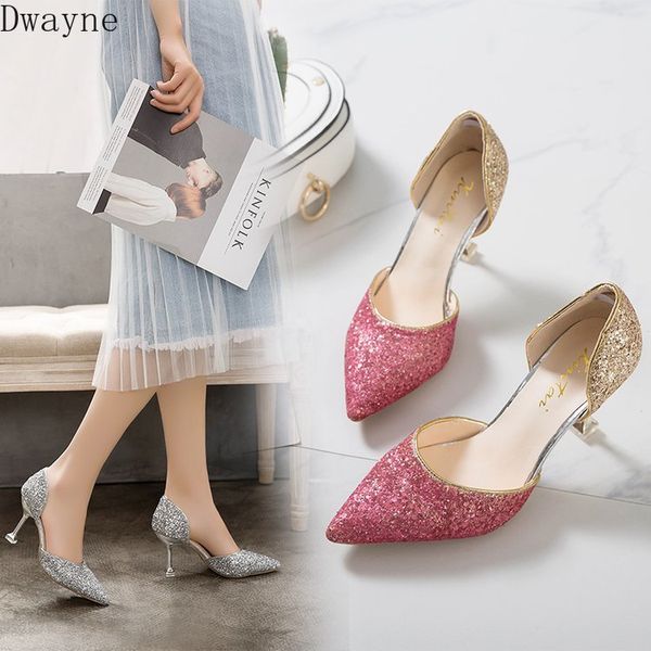 

fashion wild shallow mouth womens shoes middle hollow single shoes silver sequins thin heels high heels elegant party pumps, Black