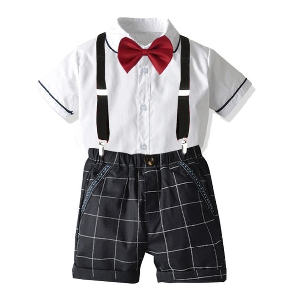 

2020 новый модный комплект одежды (белая рубашка + бант + черные шорты пояс ) джентльменский костюм из детских мальчиков лето четыре штуки, White
